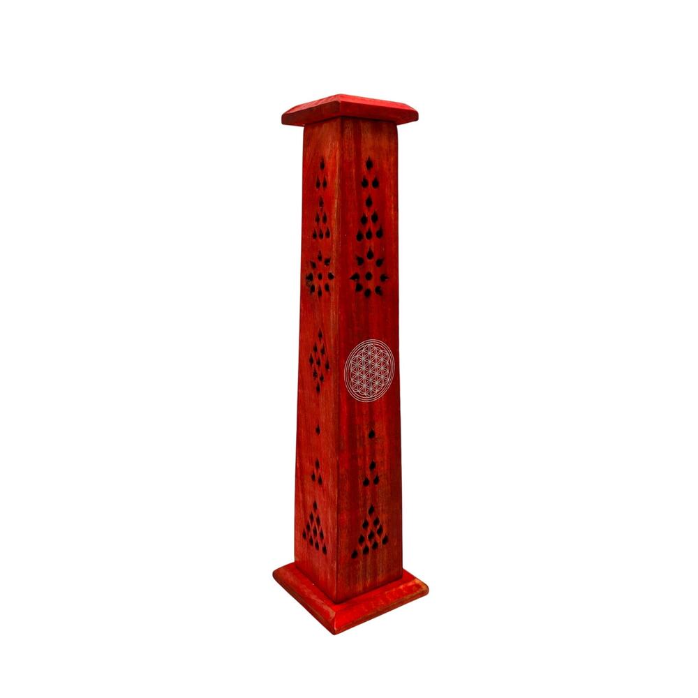 Hand Carved Red Wood Incense  Tower Flower of Life Inlay for 11" Sticks & Cones